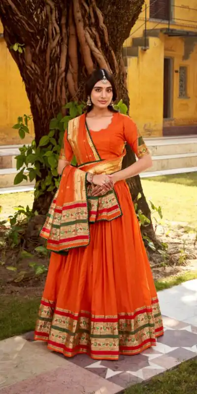 Alternative view of Orange Pure Chanderi Zari Weaving Work Lehenga Choli