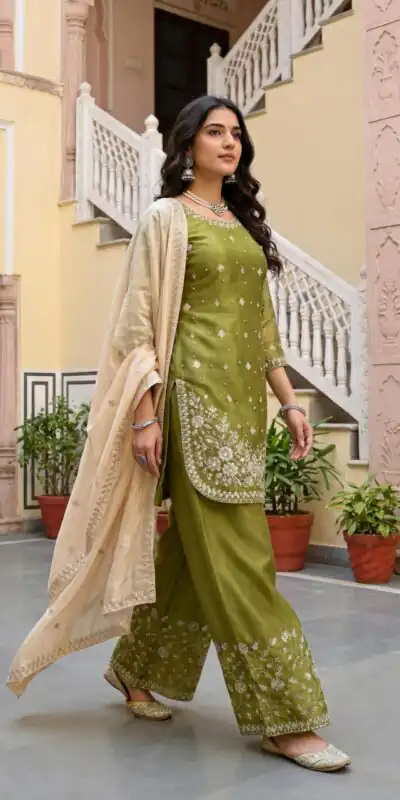 Alternative view of Mahendi Organza Silk Thread Work Salwar Suit