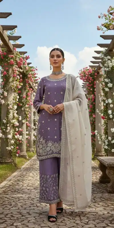 Lavender Organza Silk Thread Work Salwar Suit