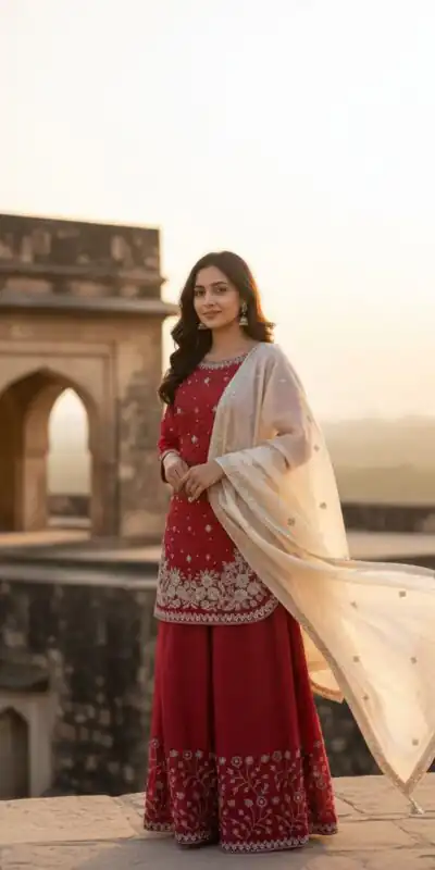 Alternative view of Red Organza Silk Thread Work Salwar Suit