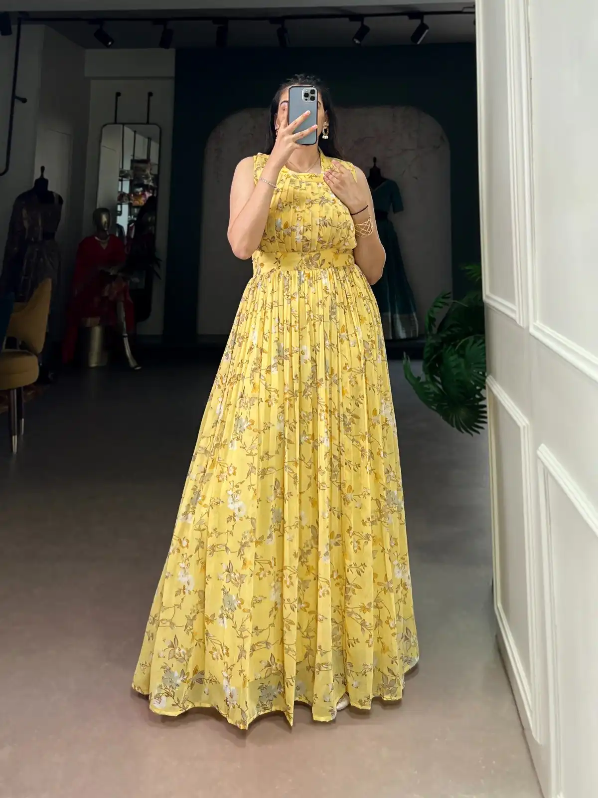 Yellow Weightless Marbal Floral Print Gown