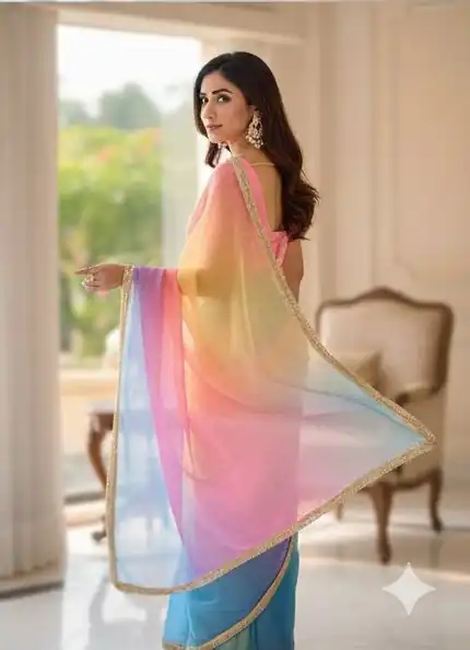 Multi Organza Embroidery Work Digital Print Saree - Image 4