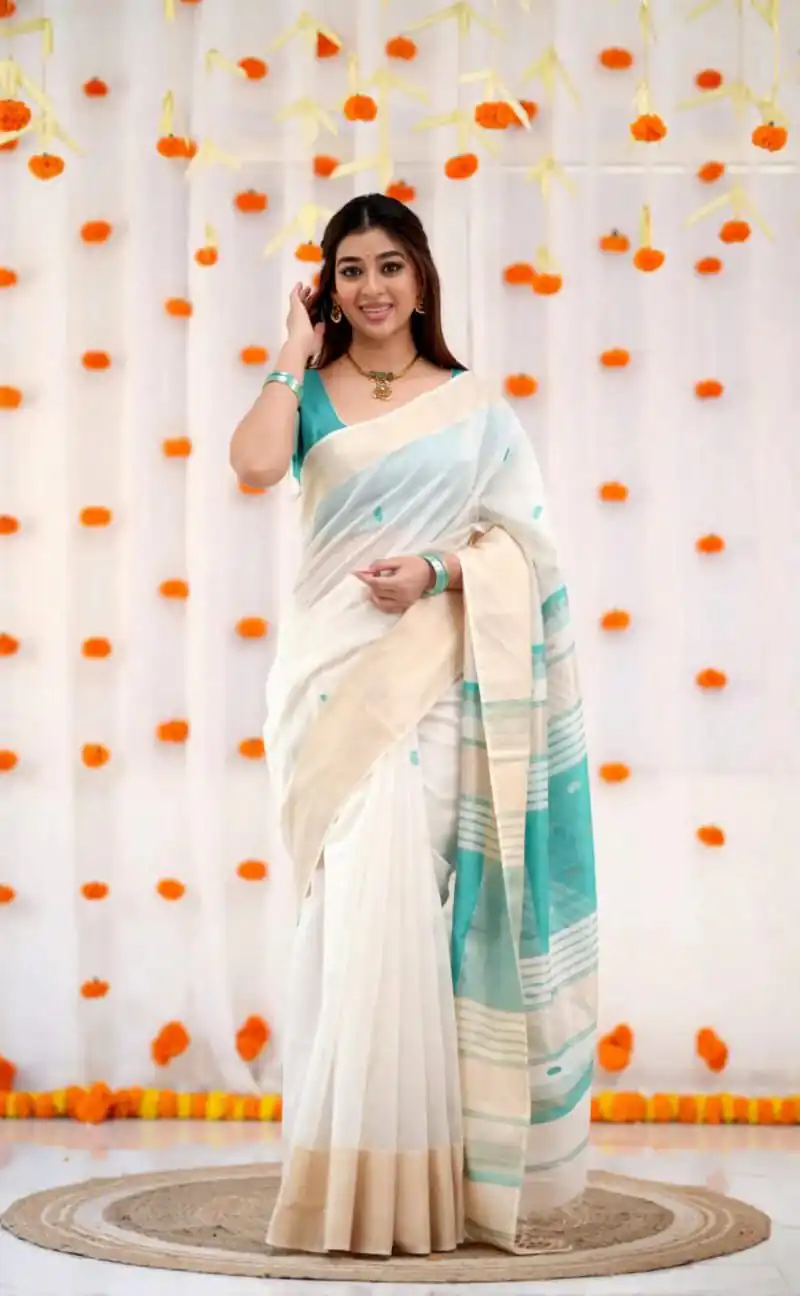 Firozi Soft Lilan Slab Lace Border Work Saree - Image 2