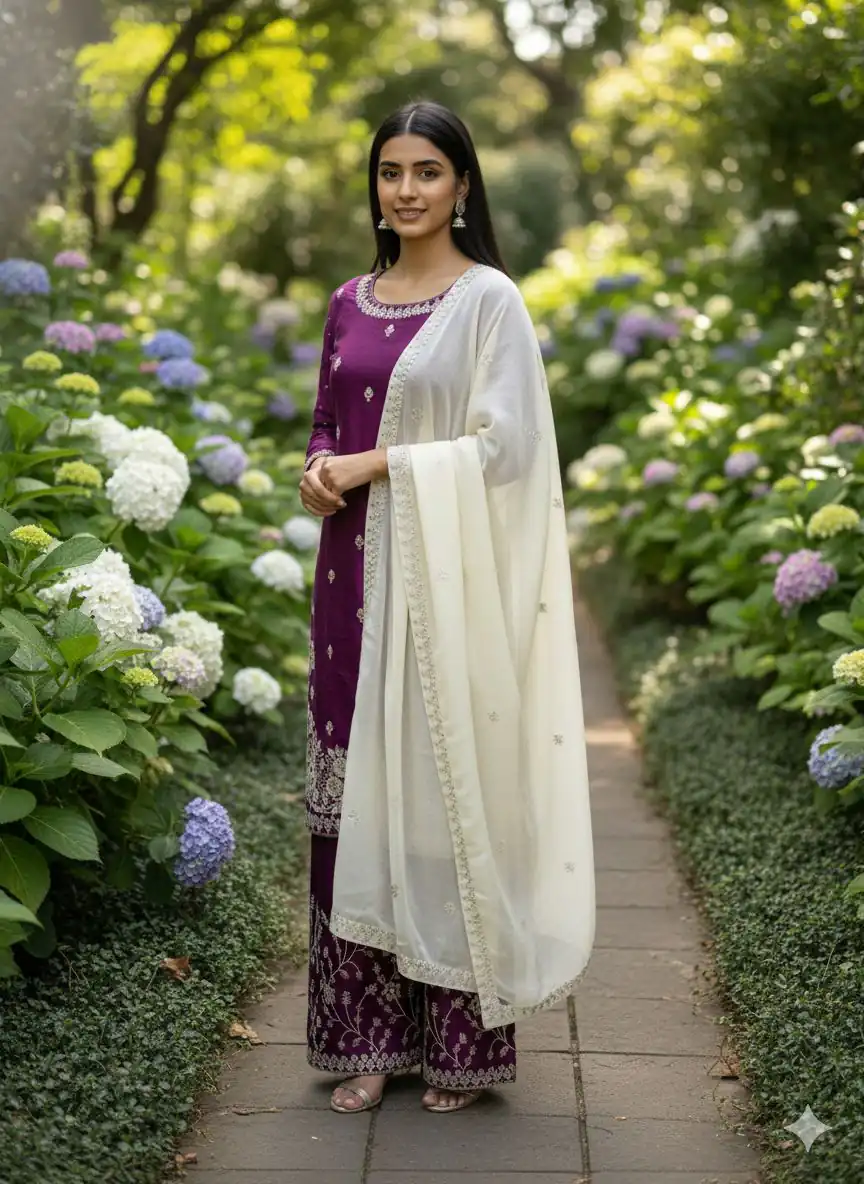 Wine Organza Silk Lace Embroidery Work Salwar Suit - Image 2