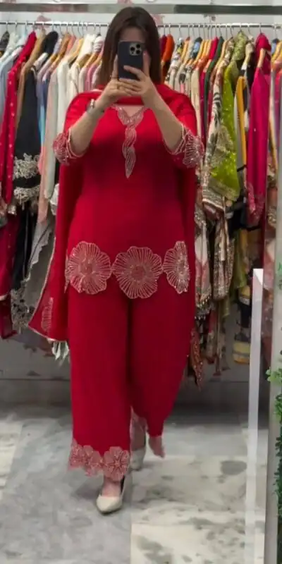 Alternative view of Red Rangoli Bead Work Salwar Suit
