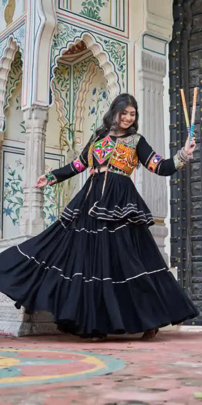 Black Pure Cotton Mirror Gamthi Work Lehenga Choli