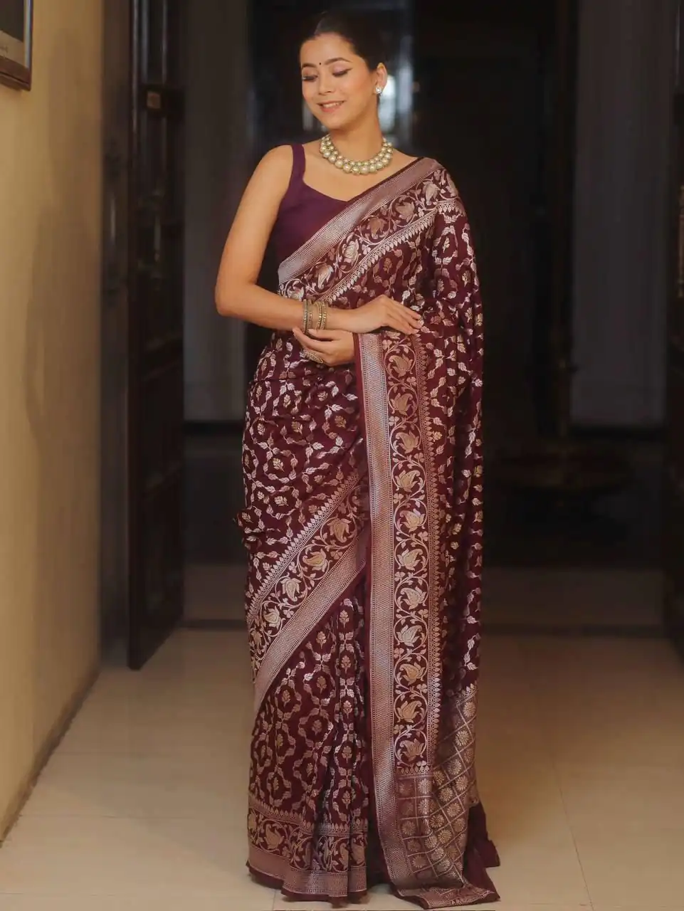 Maroon Lichi Silk Jacquard Border Work Saree