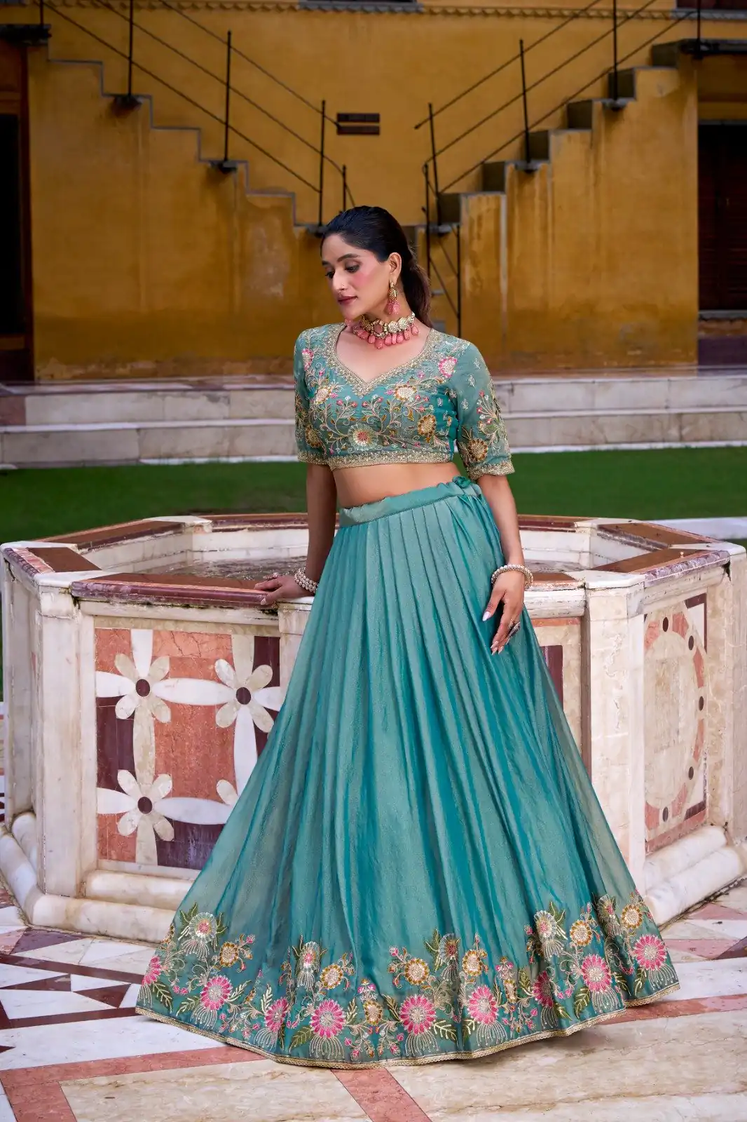 Sky Blue Shimmer Sequins Thread Work Lehenga Choli - Image 2