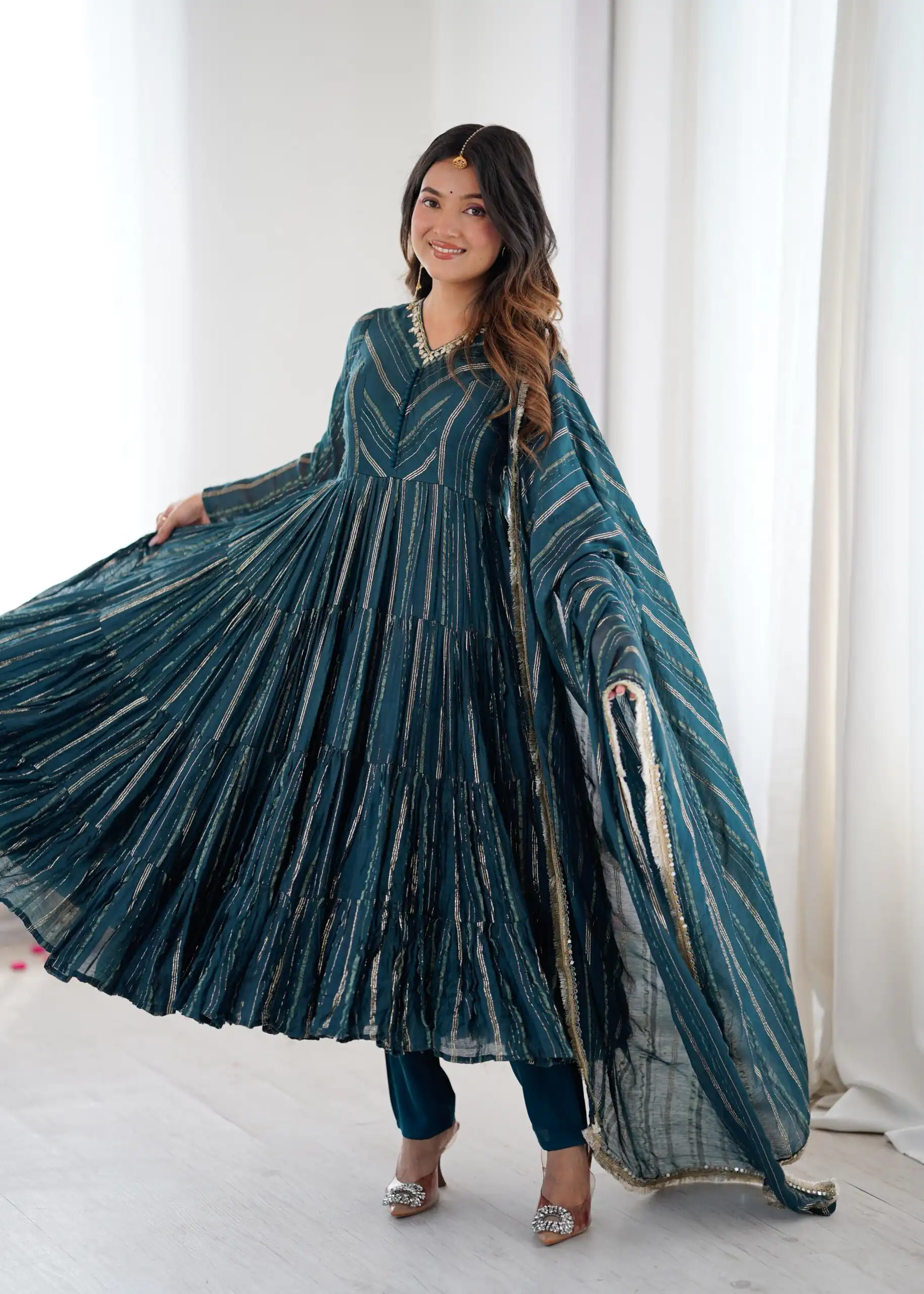 Peacock Blue Mal Chanderi Mirror Lace Work Gown - Image 13