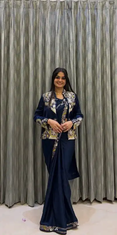 Peacock Blue French Crape Embroidery Work Saree