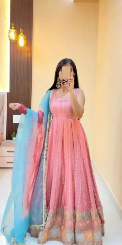 Light Peach Chinon Silk Digital Print Anarkali Suit