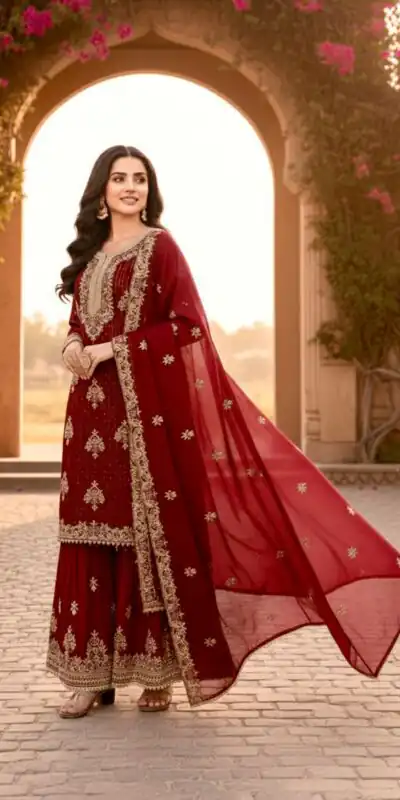 Alternative view of Red Pure Organza Silk Embroidery Cut Work Salwar Suit