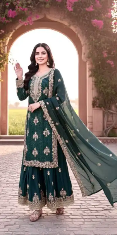 Alternative view of Blue Pure Organza Silk Embroidery Cut Work Salwar Suit