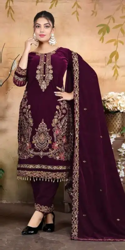 Wine Velvet Embroidery Lace Work Salwar Suit