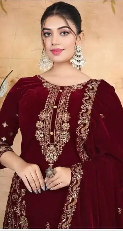 Alternative view of Maroon Velvet Embroidery Lace Work Salwar Suit