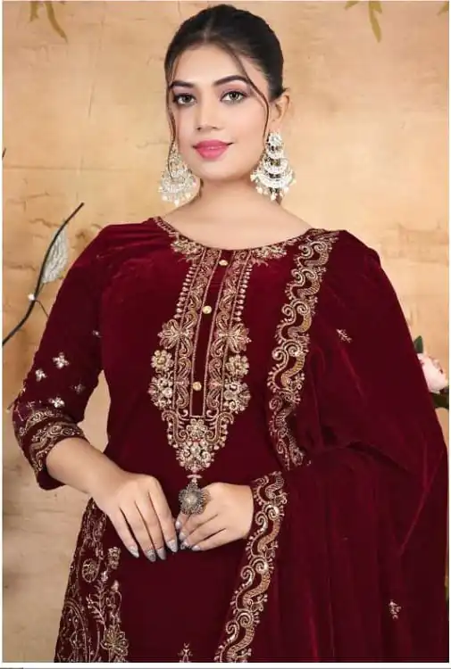 Maroon Velvet Embroidery Lace Work Salwar Suit - Image 2