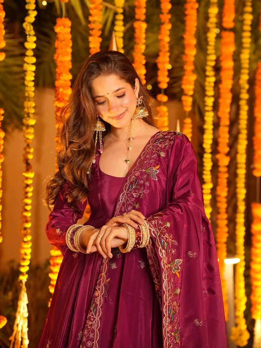 Rani Pink Crap Silk Thread Work Salwar Suit - Image 4