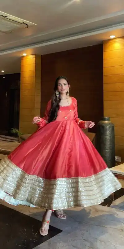 Peach Chinon Silk Lace Work Anakali Suit