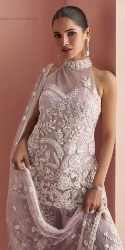 Alternative view of Lavender Heavy Net Sequence Work Salwar Suit