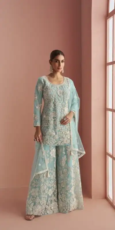 Sky Blue Heavy Net Sequence Work Salwar Suit