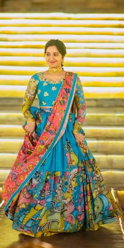 Alternative view of Blue Rayon Cotton Kalamkari Printed Lehenga Choli
