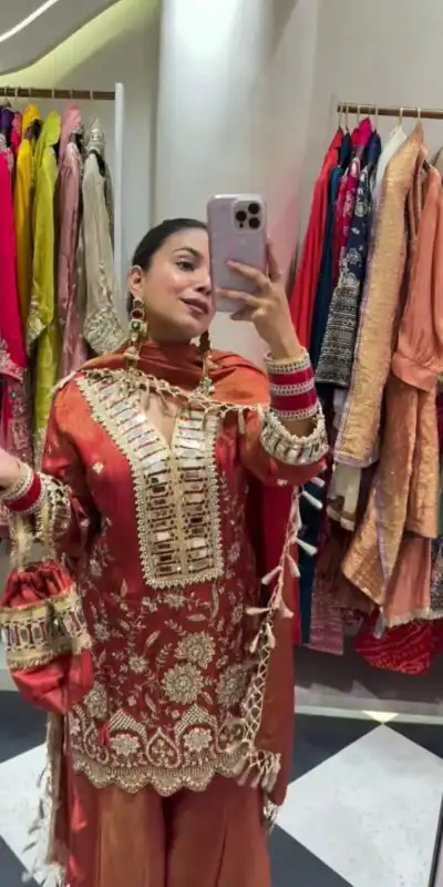 Alternative view of Orange Cosmos Mirror Embroidery Work Salwar Suit