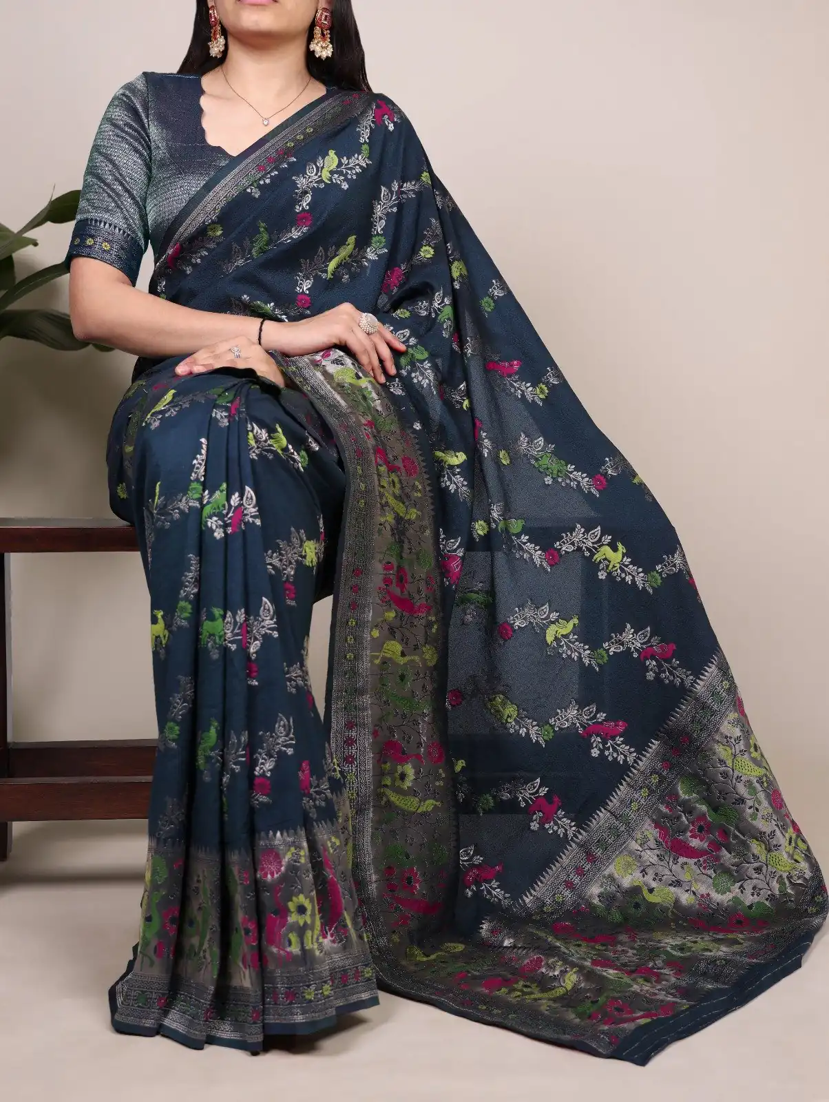 Navy Blue Nylon Weaving Work Saree