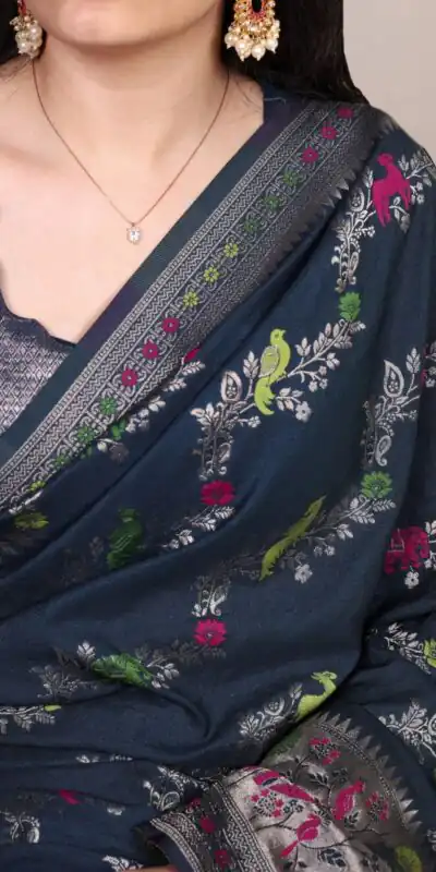 Alternative view of Navy Blue Nylon Weaving Work Saree