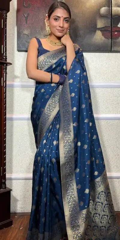Alternative view of Blue Soft Lichi Silk Border Jacquard Work Saree