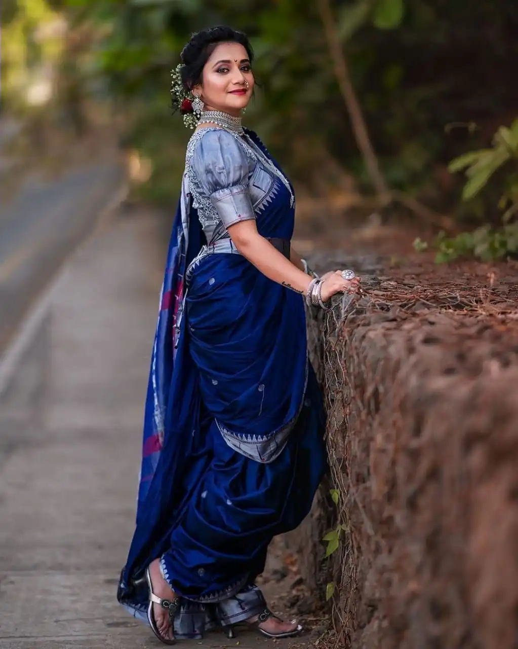 Blue Soft Lichi Silk All Over Border Work Saree - Image 2