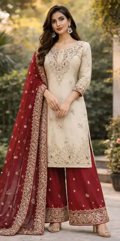 Alternative view of Off White Organza Silk Moti Work Salwar Suit