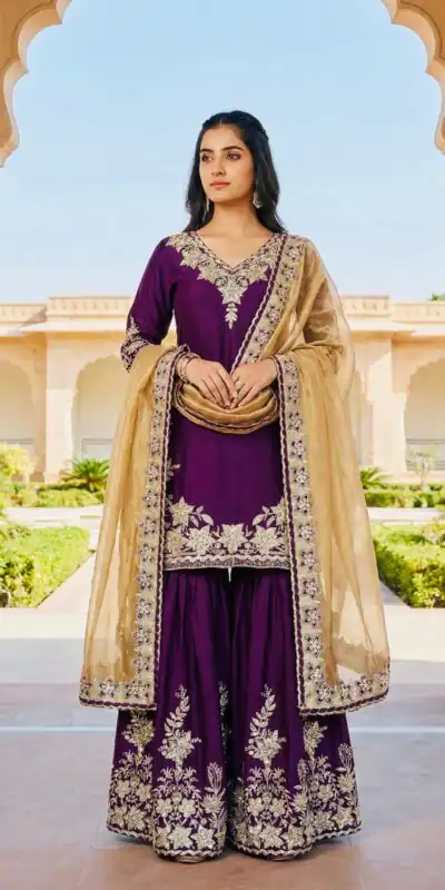 Alternative view of Purple Chinon Silk Lace Embroidery Work Salwar Suit