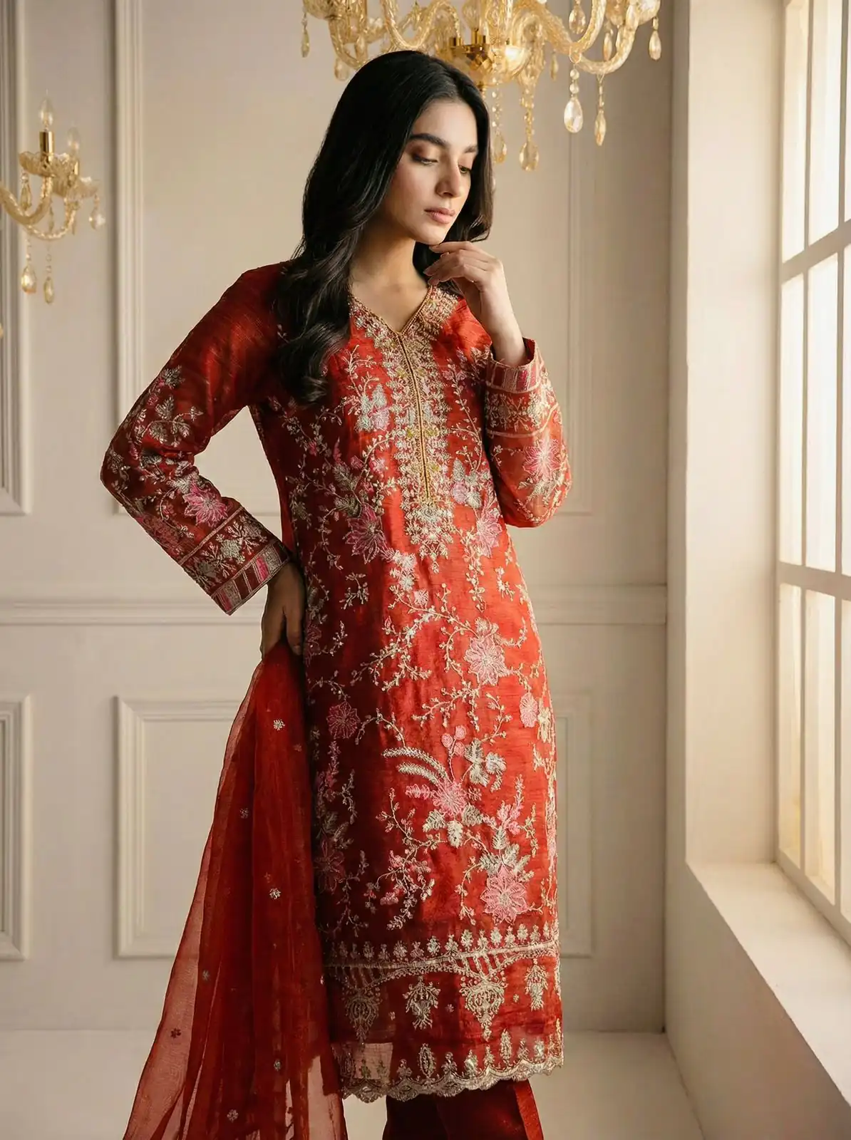 Rust Crunchy Silk Embroidery Lace Work Salwar Suit - Image 9