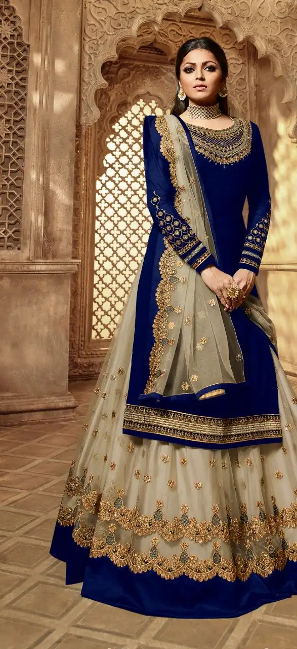 Navy Blue Satin Georgette Stone Work Salwar Suit