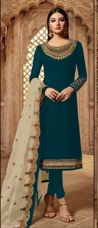 Alternative view of Teal Satin Georgette Stone Work Salwar Suit