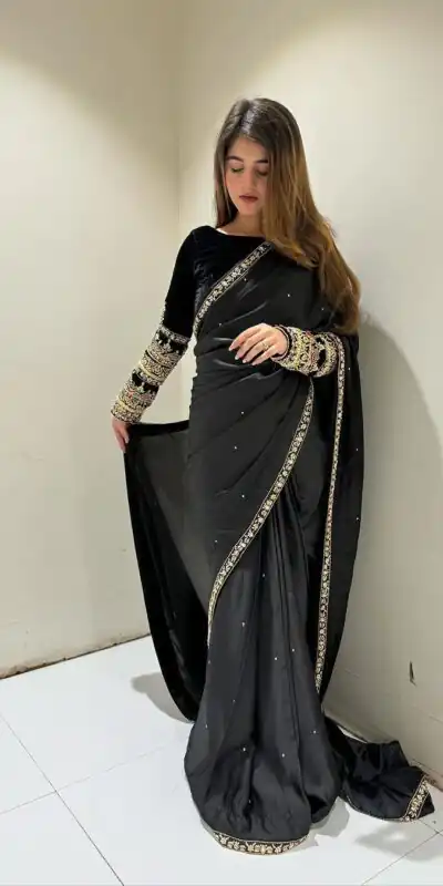 ST 403 Black in 9000 Velvet Embroidery Work & Lace Work Saree . Introductory Price ₹1999. Delivery 4-6 Working Days. Shop now. | Sarees, Bollywood Sarees, Creative Sarees, Designer Sarees, Embroidered Sarees, Ethnic Saree, Modern Digital sarees, Party Wear Sarees