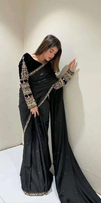 ST 403 Black in 9000 Velvet Embroidery Work & Lace Work Saree . Introductory Price ₹1999. Delivery 4-6 Working Days. Shop now. | Sarees, Bollywood Sarees, Creative Sarees, Designer Sarees, Embroidered Sarees, Ethnic Saree, Modern Digital sarees, Party Wear Sarees