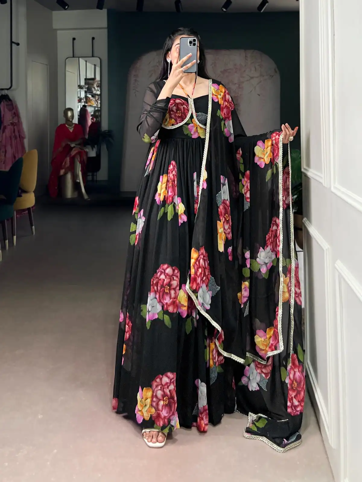 YNF 5103 Black Lace Work Gown in Chiffon. Get it for ₹1899. Wedding, Party, Festive, Events Delivery 4-6 Working Days. Shop now. | Gowns, Bollywood Gowns, Creative Gowns, Embroidered Gowns, Party Wear Gowns