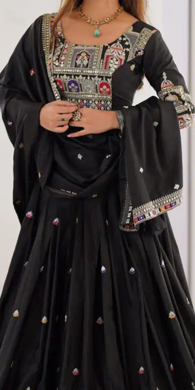 MF TAJ 1003 Black in Color Chinon Silk Embroidery Work Lehenga Choli . Get it for ₹1949. Delivery 4-6 Working Days. Shop now. | Lehenga, Bollywood Lehenga, Creative Lehenga, Designer Lehenga, Embroidered Lehenga, Party Wear Lehenga