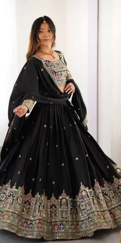 MF TAJ 1003 Black in Color Chinon Silk Embroidery Work Lehenga Choli . Get it for βΉ1949. Delivery 4-6 Working Days. Shop now. | Lehenga, Bollywood Lehenga, Creative Lehenga, Designer Lehenga, Embroidered Lehenga, Party Wear Lehenga