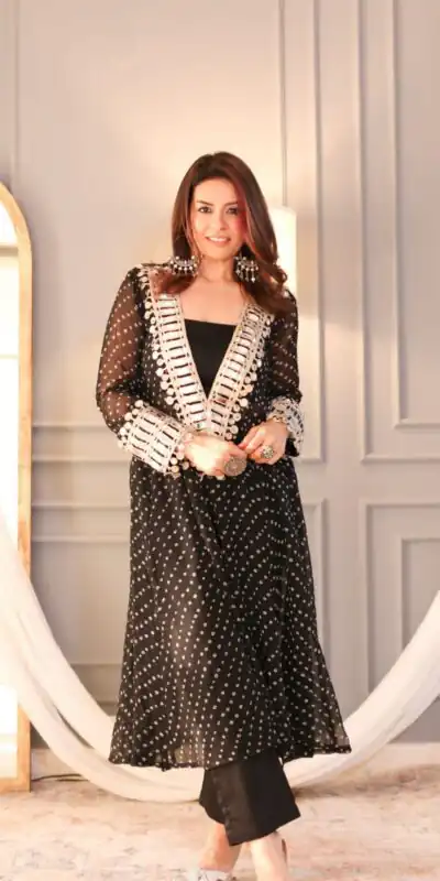 ST 1104 Black Georgette Kurti with Embroidery Work & Mirror Work. Available at ₹1649 only. Delivery 4-6 Working Days. Shop now. | Kurti, Bollywood Kurti, Creative Kurtis, Designer Kurti, Party Wear Kurti, Selfie Kurti