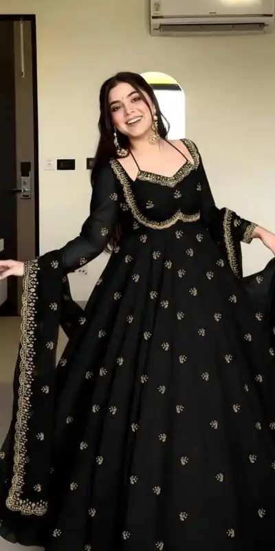 Black Georgette Embroidery Work Gown