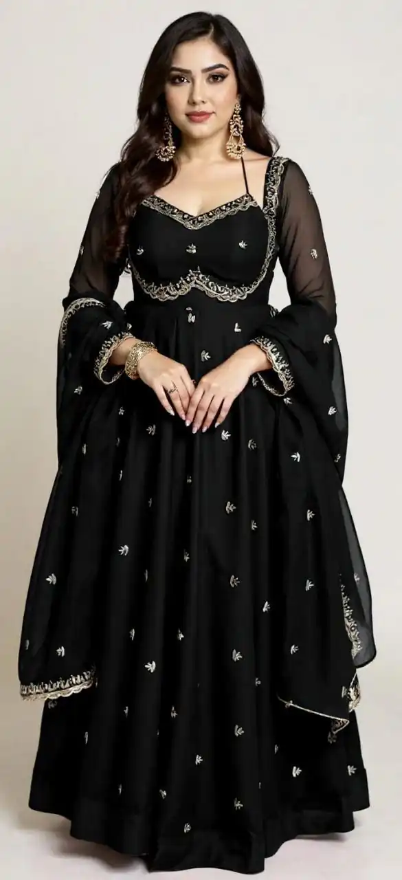 MF 1003 Black Georgette Gown. Perfect for Wedding, Party, Pongal, Bridal Wear, Anniversary – Affordable Price ₹1799. Delivery 4-6 Working Days. Shop now. | Gowns, Bollywood Gowns, Creative Gowns, Designer Gowns, Embroidered Gowns, Party Wear Gowns