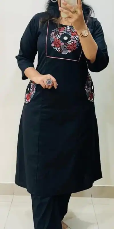 MF 1114 Black Soft Cotton Slub Kurti with Embroidery Work. Wedding, Party, Festive, Events, Grab it for ₹1549. Delivery 4-6 Working Days. Shop now. | Kurti, Bollywood Kurti, Creative Kurtis, Designer Kurti, Party Wear Kurti, Selfie Kurti