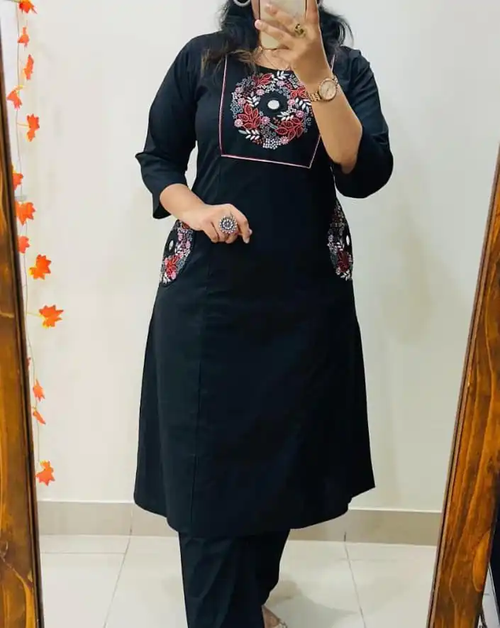 MF 1114 Black Soft Cotton Slub Kurti with Embroidery Work. Wedding, Party, Festive, Events, Grab it for ₹1549. Delivery 4-6 Working Days. Shop now. | Kurti, Bollywood Kurti, Creative Kurtis, Designer Kurti, Party Wear Kurti, Selfie Kurti