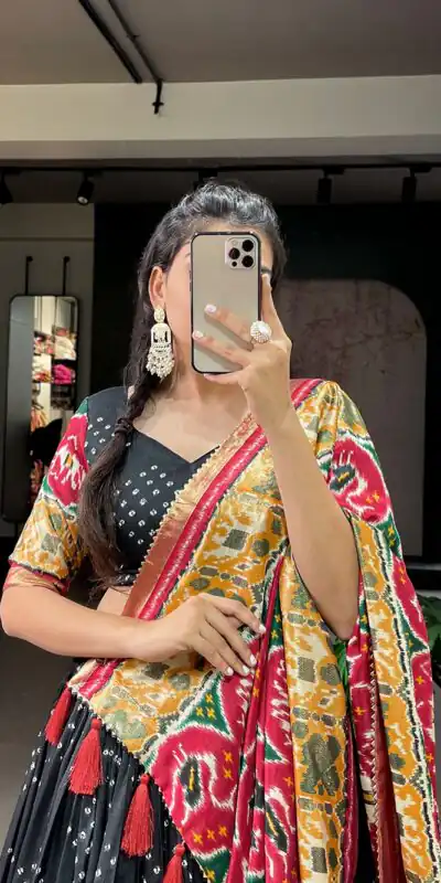 LNB 1684 Black Color Tussar Silk Patola Printed Lehenga Cho Festive Party Wedding, Events etc. Delivery 4-6 Working Days @2549/- | Lehenga, Bollywood Lehenga, Creative Lehenga, Designer Lehenga, Embroidered Lehenga, Party Wear Lehenga