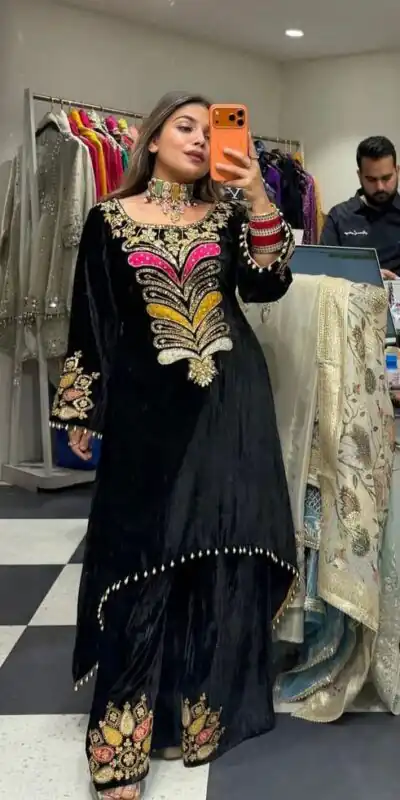 LG 2042 Black Velvet Salwar Suit with Embroidery Work. Wedding, Party, Festive, Events, Festive Deal ₹1999. Delivery 4-6 Working Days. Shop now. | Jump Suits, Tops & Bottoms, Track Suits, Salwar suit, Casual Suits, Creative suits, Designer Suits, Palazzo Suits, Party Wear Suits, Patiala Suits, Straight Suits, Trendy Wear