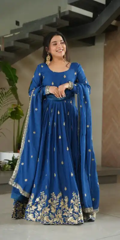 KA 1166 Blue Color Chinnon Gown with Zari Work & Embroidery Work. Available at ₹2099 only. Delivery 4-6 Working Days. Shop now. | Gowns, Bollywood Gowns, Creative Gowns, Designer Gowns, Embroidered Gowns, Party Wear Gowns