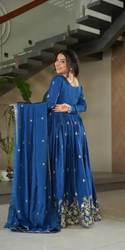 KA 1166 Blue Color Chinnon Gown with Zari Work & Embroidery Work. Available at ₹2099 only. Delivery 4-6 Working Days. Shop now. | Gowns, Bollywood Gowns, Creative Gowns, Designer Gowns, Embroidered Gowns, Party Wear Gowns