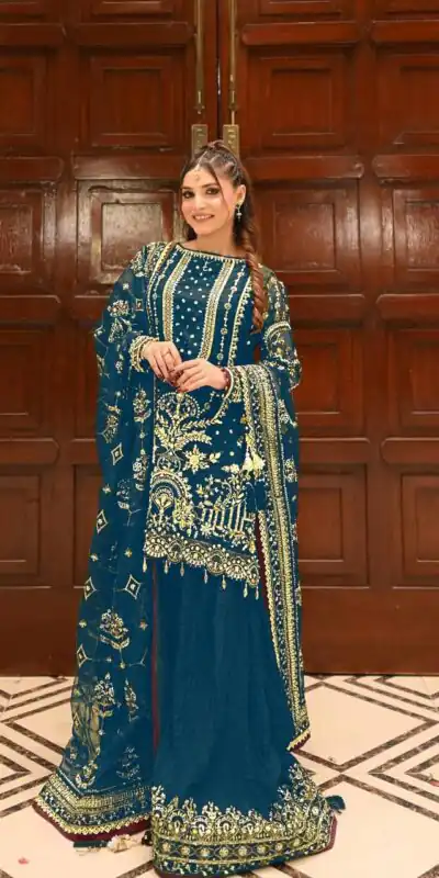 AD 213 Blue Khajuri Crush Georgette Salwar Suit with Lace Work & Embroidery Work. Festive Deal ₹2649. Delivery 4-6 Working Days. Shop now. | Jump Suits, Tops & Bottoms, Track Suits, Salwar suit, Casual Suits, Creative suits, Designer Suits, Palazzo Suits, Party Wear Suits, Patiala Suits, Straight Suits, Trendy Wear